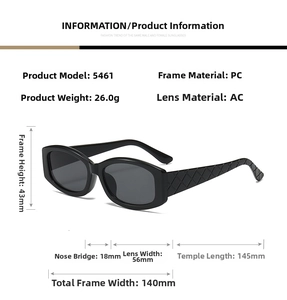Detailed size specifications for square plastic sunglasses with woven textured temples