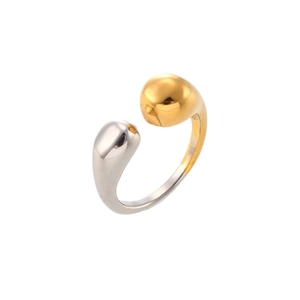 Minimalist two-tone drop-shaped open ring in gold and silver stainless steel