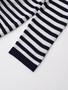 Detailed close-up showing the premium knit texture and blue and white striped sleeve design