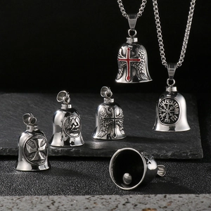 Detailed collection of vintage steel biker bells featuring Viking symbols and red crosses