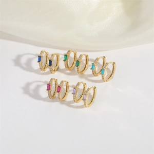 Chic French vintage gold hoop earrings featuring five colors of rectangular gemstones