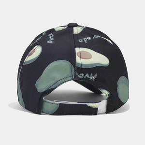Detail of avocado print baseball cap showing rear adjustable strap and fabric texture