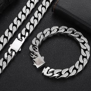 Detail of silver 12mm CNC zircon-encrusted Cuban link chain and bracelet set with box clasp
