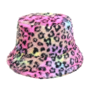 Close-up of soft faux fur texture and colorful leopard print on a warm winter bucket hat