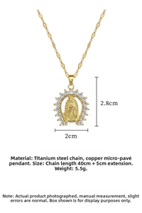 Detailed view of Virgin Mary pendant with cubic zirconia and gold titanium steel chain