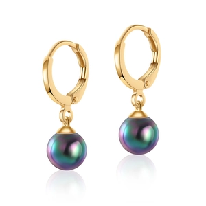 Minimalist gold hoop earrings with dark iridescent round pearl pendants on white background