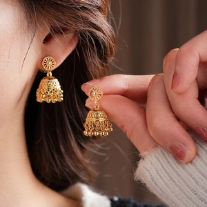 Ethnic Jhumka Drop Earrings With Silver Earring Post Gold Plated Bell Tassel Vintage Bohemian Jewelry For Women