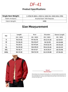Size chart for baseball jacket showing dimensions and 100% polyester fabric specifications
