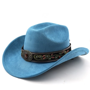 Sky blue western cowboy hat in faux suede with vintage embroidery and metal buckle