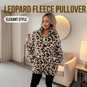 Women's leopard print fleece pullover jacket with half-zip collar and front pocket