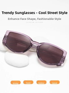 Detail of purple translucent TR90 square frame sunglasses on smooth white stones