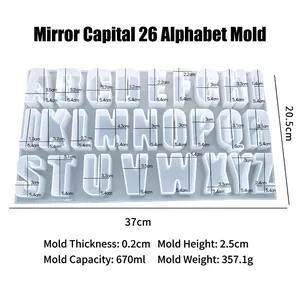 Size chart for 26 uppercase alphabet silicone molds for resin, candles and chocolate