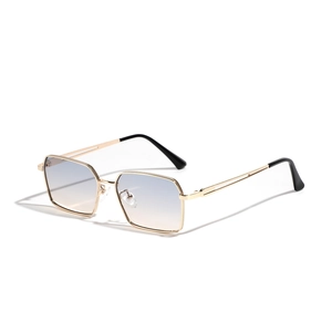 Modern square metal frame sunglasses with gold finish and gradient lenses on white background