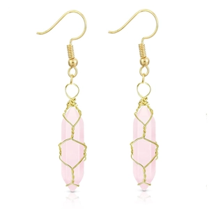 Detail of pink crystal hexagonal pendant earrings with golden wire wrapped craft