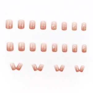 Japanese style gradient red-brown press-on nails with fish and bird patterns, 24 piece set