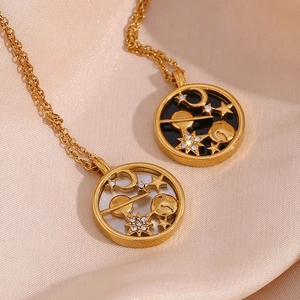 Universe Galaxy Moon Star Planet Stainless Steel Round Pendant Necklace Gold Plated With Rhinestone For Women