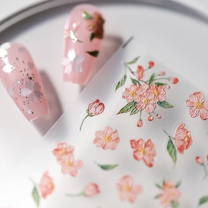 3D embossed pink cherry blossom nail stickers with delicate floral texture and leaves