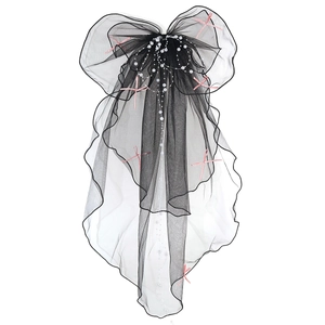 Elegant four-layer black bridal veil with pearl tassels and pink ribbon bows