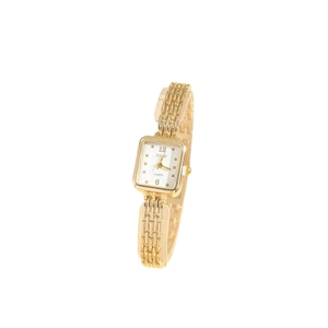 Elegant gold square quartz watch with metal mesh band and matching love bracelet set