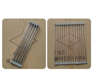Foldable stainless steel sink drying rack with gray silicone edges for kitchen storage