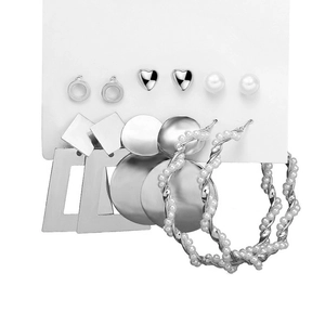Set of 6 pairs silver alloy earrings featuring geometric shapes and faux pearls on display