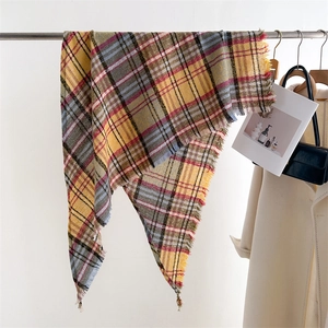 Classic yellow plaid faux cashmere scarf with fringe tassels for men and women