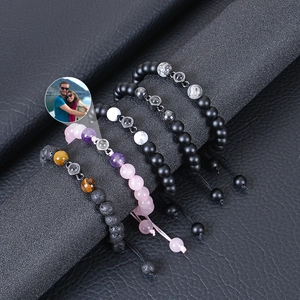 Custom photo projection beaded bracelet set with natural volcanic stone and lava rock