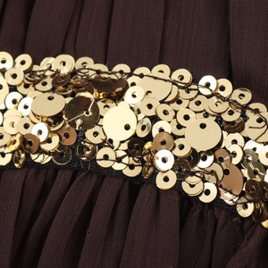 Elegant V-neck bohemian maxi dress in dark brown with gold sequin waist detailing