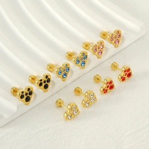 Fashionable gold heart stud earrings with colorful rhinestones and screw backs