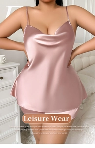 Detail of satin cowl neck camisole and shorts set in elegant lotus pink lounge wear