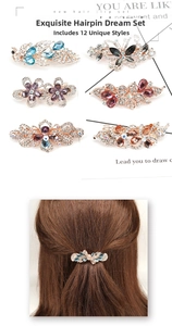 Détail de l'ensemble de 12 pinces à cheveux en cristal avec motifs fleurs et paon en strass