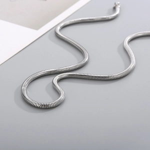 Detailed view of silver woven snake chain necklace with smooth metallic texture and shine