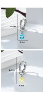 Detail view of colorful heart zircon earrings with size measurements 2.05cm and 0.4cm