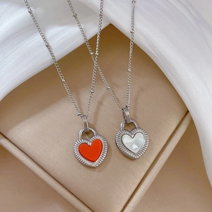 Minimalist titanium steel heart pendant necklaces with red and white shell inlay on silk