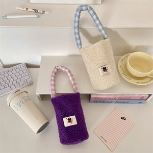 Furry lamb wool water bottle bags in cream and purple with checkered handles in ins style