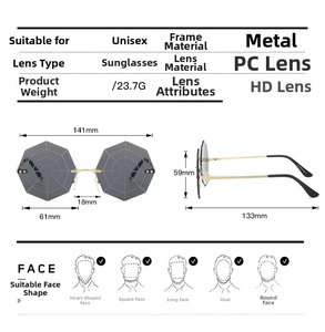 Detailed size chart for rimless octagon sunglasses with spider web lens design