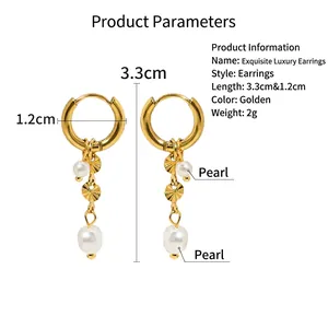 French style 18K gold plated drop earrings with round pearls and metallic discs