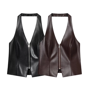 Chaleco De Cuero PU Con Cuello Halter Para Mujer Vintage Ajustado Sin Mangas Cremallera Frontal Cuero Sintético