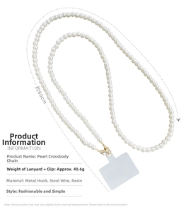 Detailed view of long pearl crossbody phone strap with metal hook and transparent pad