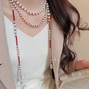 Elegant multi-layer crystal pearl necklace with red beads and waterdrop pendant for women