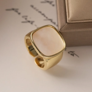 18K gold plated square mother of pearl open ring featuring a minimalist geometric design