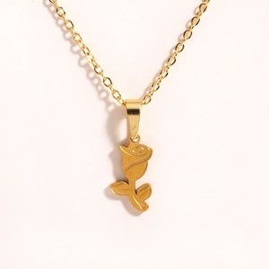 Detailed close-up of 18K gold plated rose flower pendant with fine link chain necklace
