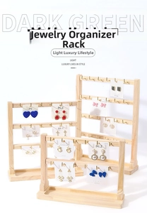 Tiered wooden jewelry display stand with metal hooks and base for earring storage