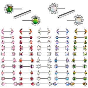Detailed grid of stainless steel nipple rings with colorful opals and sparkling rhinestones