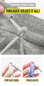 Flexible metal drawstring threader tool for hoodie strings and elastic waistband bands