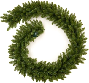 Detail of 9FT green artificial Christmas garland with battery control box and timer functions