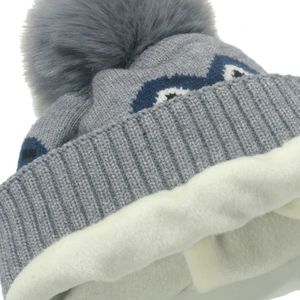 Grey knit baby winter hat with fur pompom and soft white fleece lining for warmth