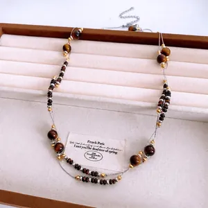 Vintage multi-layer tiger eye stone necklace with natural pearls and golden metallic beads