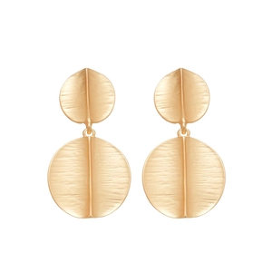 Minimalist gold brushed metal double disc drop earrings for women with matte finish
