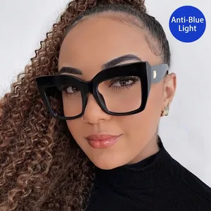 Fashionable black thick-frame cat-eye glasses with gold square hinges for women